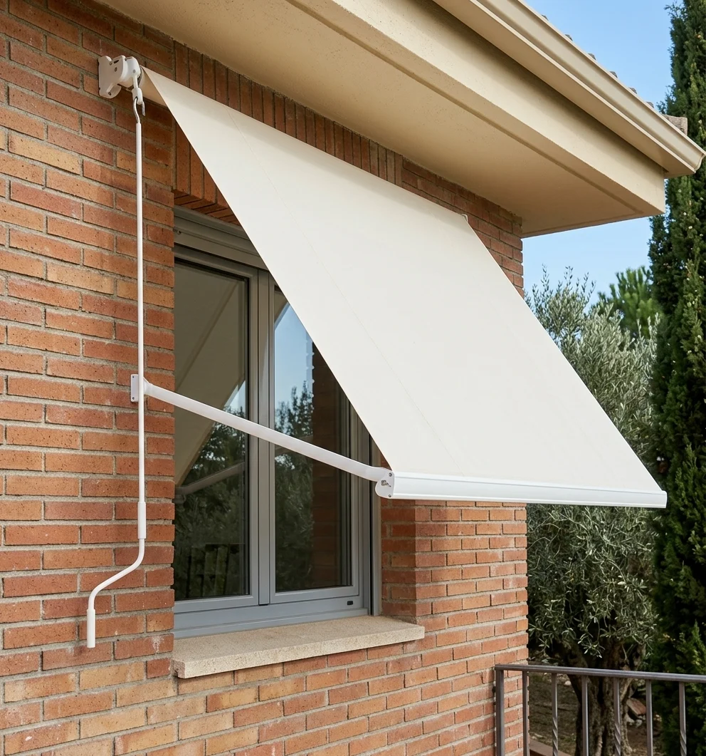 Toldo de brazo directo con lona crema desplegado sobre la ventana de una fachada de ladrillo, con el brazo y el mando de manivela a la vista