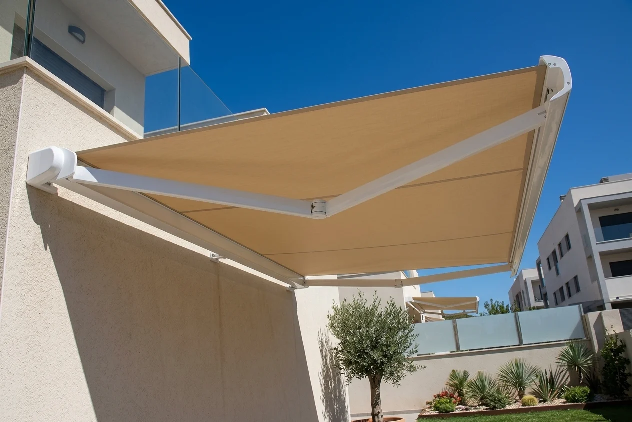 Toldo de brazo invisible desplegado sobre una terraza, con lona beige y brazos pegados a la lona