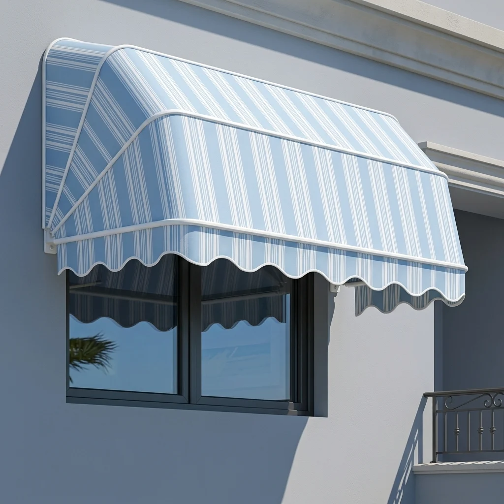 Toldo capota semicircular con lona de rayas azul claro y faldón ondulado sobre la ventana de una fachada