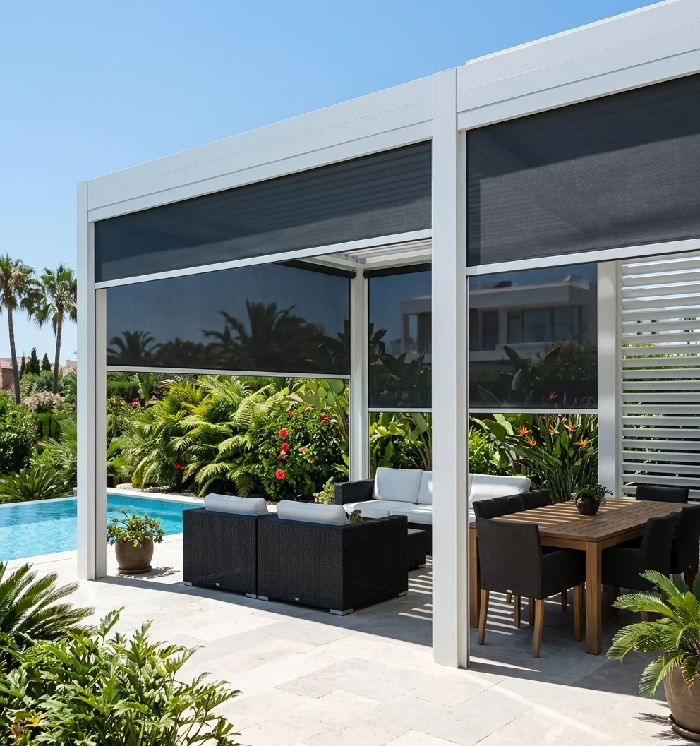 Toldos verticales con tejido técnico gris bajados entre los pilares de una pérgola junto a una piscina